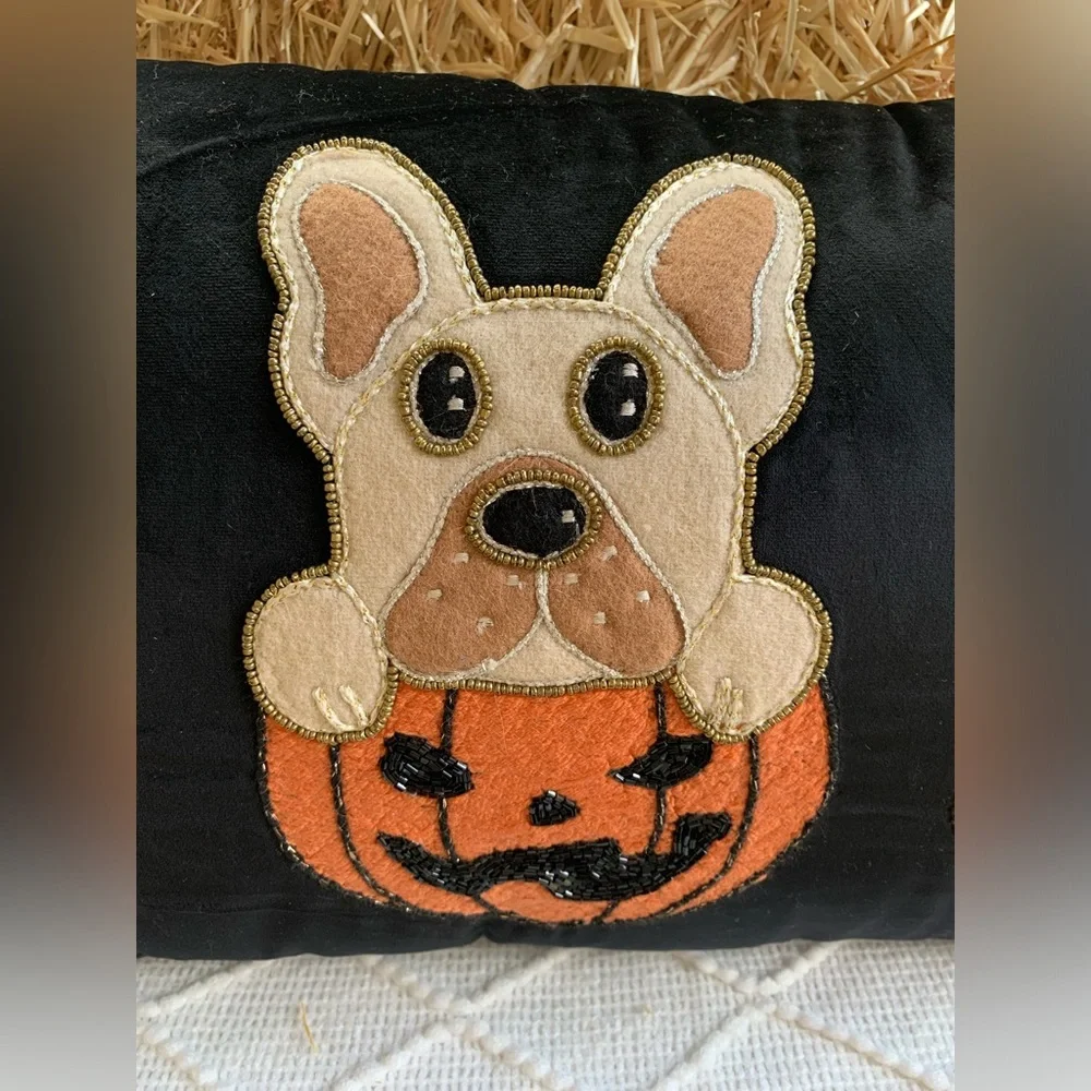 Halloween Decor Pillow Puppy Frenchies in Pumpkins- NWT